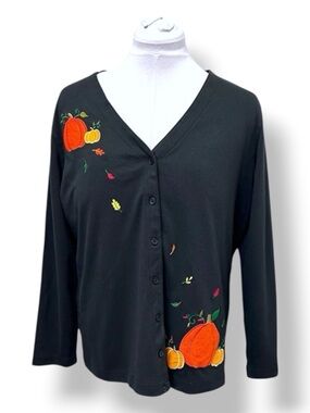 Studio Treat Women’s Cardigan Sweater VTG 90s Pumpkin Cozy Fall Black/Orange XL